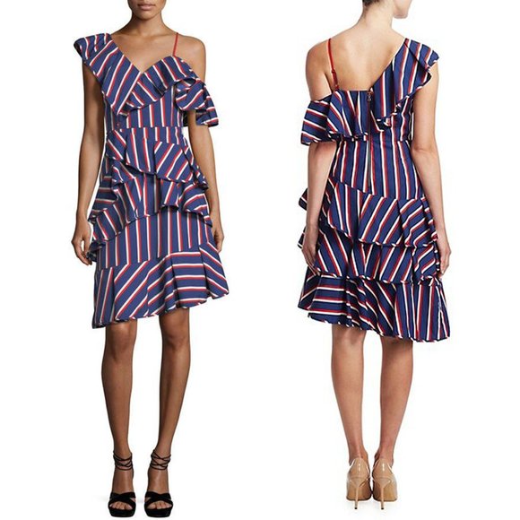 Alice + Olivia Dresses & Skirts - NWT Alice + Olivia Laflora Asymmetric Ruffle Striped Poplin Dress Off Shoulder 4